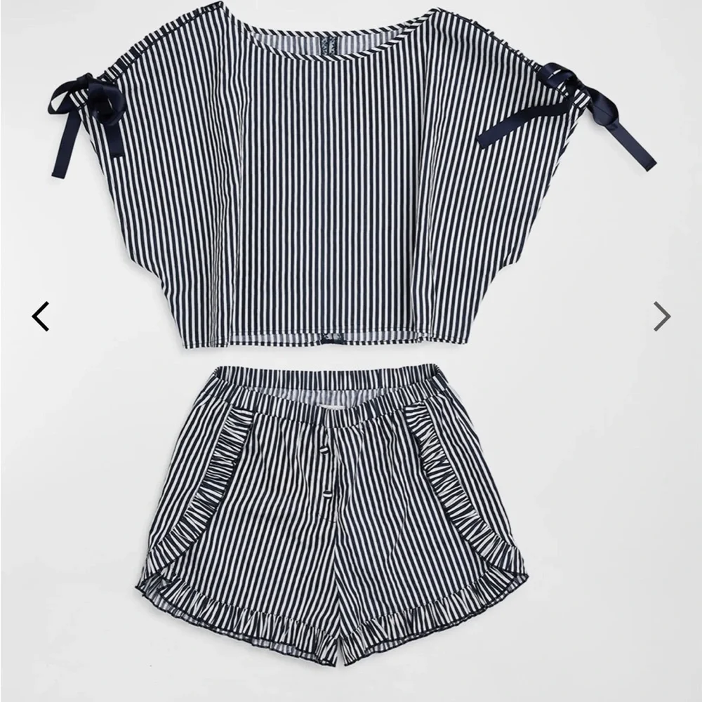 NWT Morgan Lane Gina Nessa Striped Ruffle-Trim Pajama Set - Picture 3 of 12